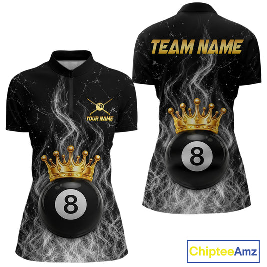 Personalized gold crown 8 ball billiard 1/4-zip shirt for women with fire flame design
