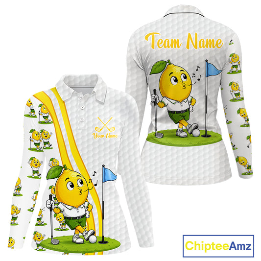 Golf-themed shirt with cartoon lemon character and customizable text on a white background
