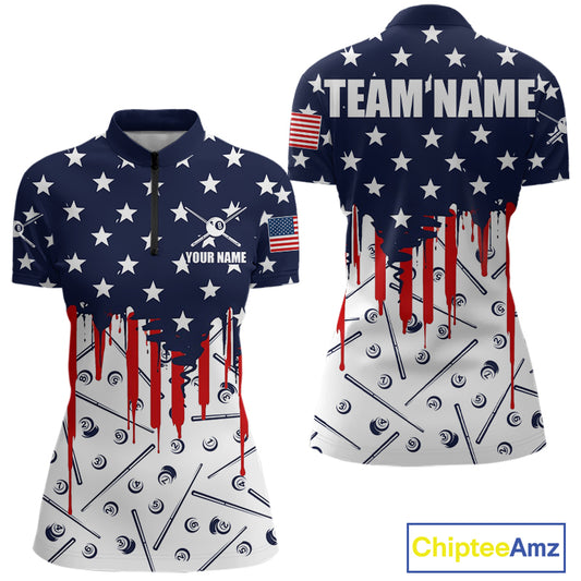 Blue Red American Flag 8 Ball Pool Women Billiard Ball Cue Shirt Custom Patriotic Billiard Team Attire NYN2733