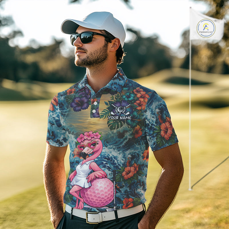 Mens Flamingo Golf Clothing Waving Tropical Golf Shirt Custom Floral Golf Polo, Best Golf Gifts NYN2959