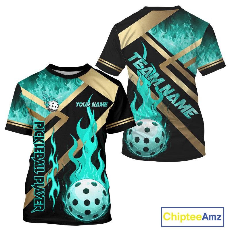 Custom Men's Turquoise Flame Pickleball Ball T-Shirt Pickleball Jersey For Lovers NYN1264