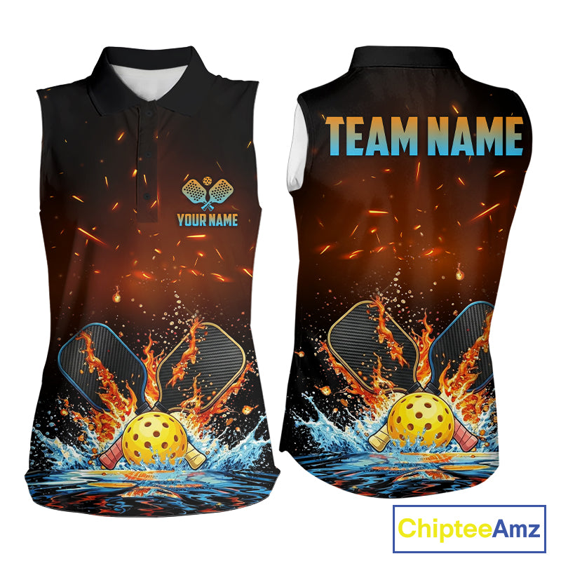 Red flaming and blue water pickleball sleeveless polo for women personalized jersey
