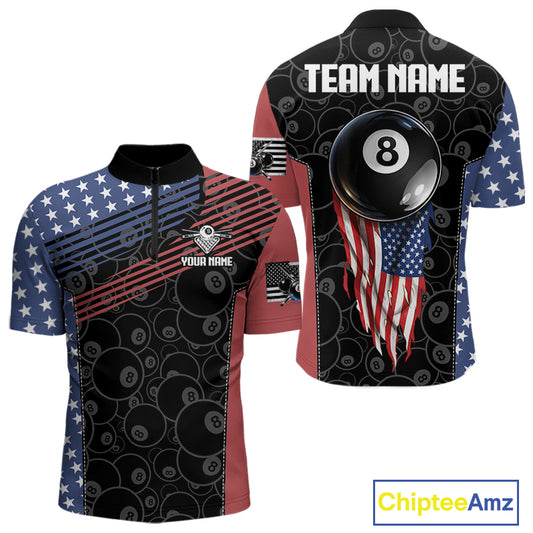 US Flag Pool 8 Ball Men's Billiard Polo & 1/4 Zip Shirt Custom Patriotic Billiard Attire NYN2362