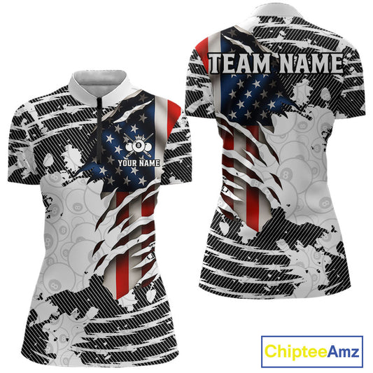 US Flag 8 Ball Women Billiard Team Shirt Custom Patriotic Pool Polo & 1/4-Zip Billiard Attire NYN2378