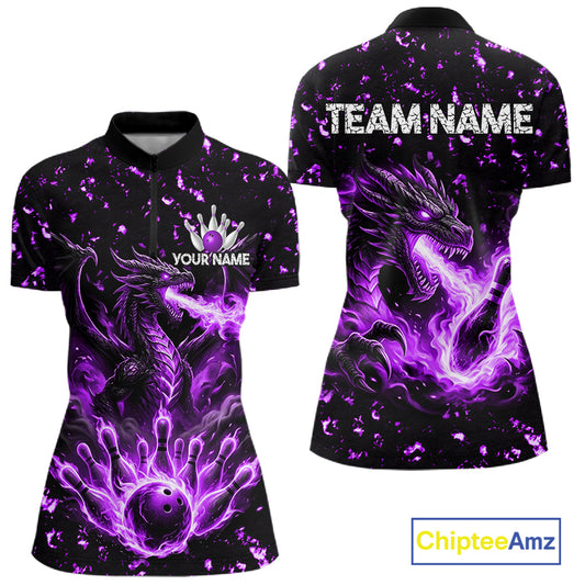 Fire flame dragon bowling polo quarter zip shirt for women purple bowling team jersey