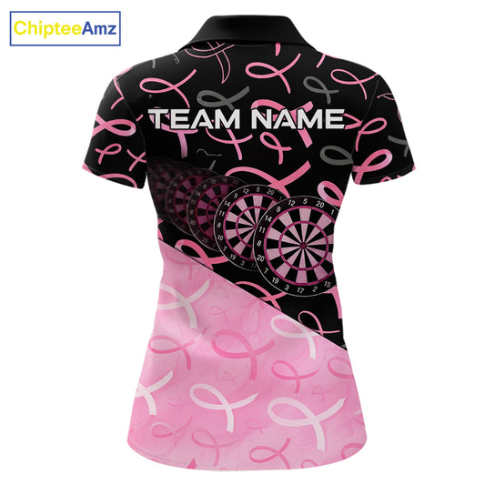 Pink Black Ribbon Blur Dartboard Custom Breast Cancer Awareness Dart Polo Team Shirt For Women NYN2450