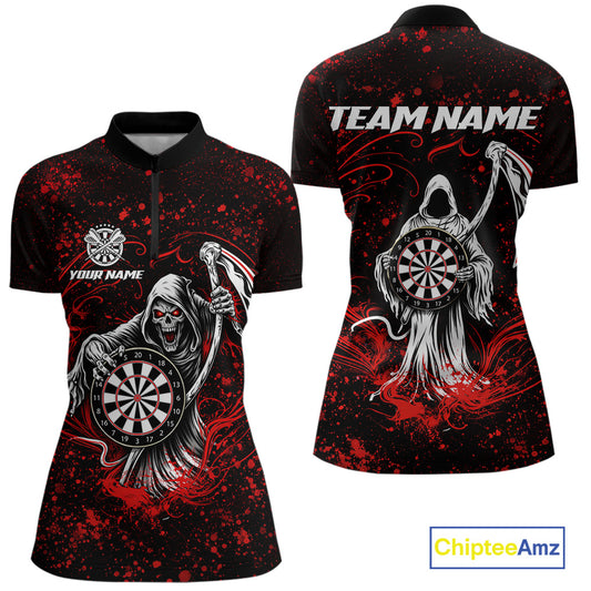 Black & Red Splatter Grim Reaper Hold Dartboard Dart 1/4-Zip Shirts For Women Custom Dart Team Shirts NYN2681