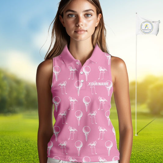 Personalized Flamingo Pink Pattern Womens Golf Sleeveless Polo Shirts Custom Funny Flamingo Golf Gifts NYN2845