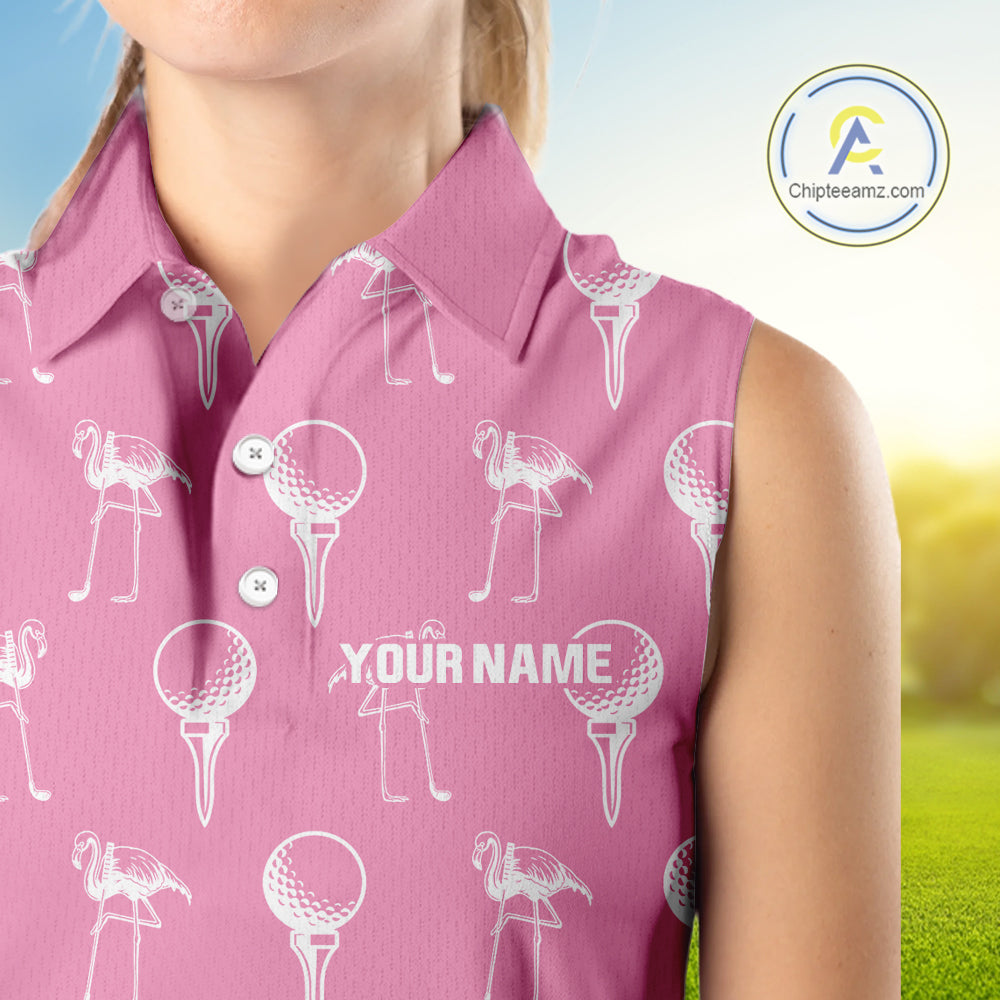 Personalized Flamingo Pink Pattern Womens Golf Sleeveless Polo Shirts Custom Funny Flamingo Golf Gifts NYN2845
