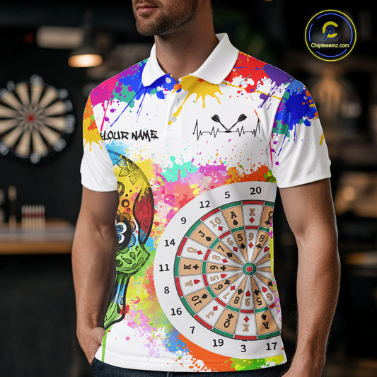 Custom Colorful Splatter Skull Dartboard Men Darts Polo Team Shirts Dart Jerseys | White NYN2211