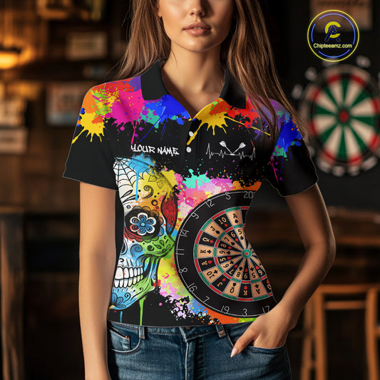 Custom Colorful Splatter Skull Dartboard Women Darts Polo Team Shirts Dart Jerseys | Black NYN2212
