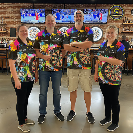 Custom Colorful Splatter Skull Dartboard Women Darts Quarter-Zip Team Shirts Dart Jerseys | Black NYN2212