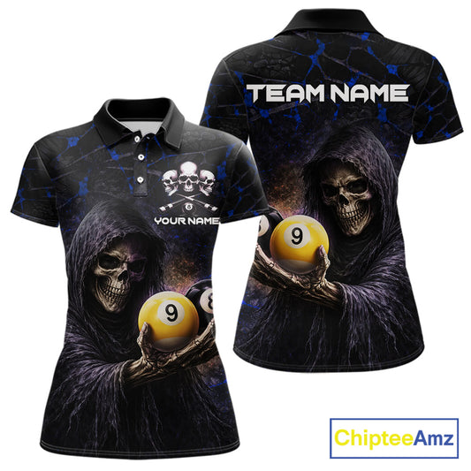 Blue Grunge Grim Reaper Hold 8 Ball & 9 Ball Pool Women Billiard Shirt Custom Billiard Team Attire NYN2703