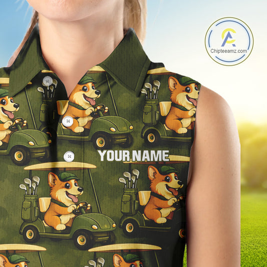 Funny Women Golf Sleeveless Polo Shirt Custom Brown And Green Golfing Dog Pattern Golf Clothing Shirts NYN2872