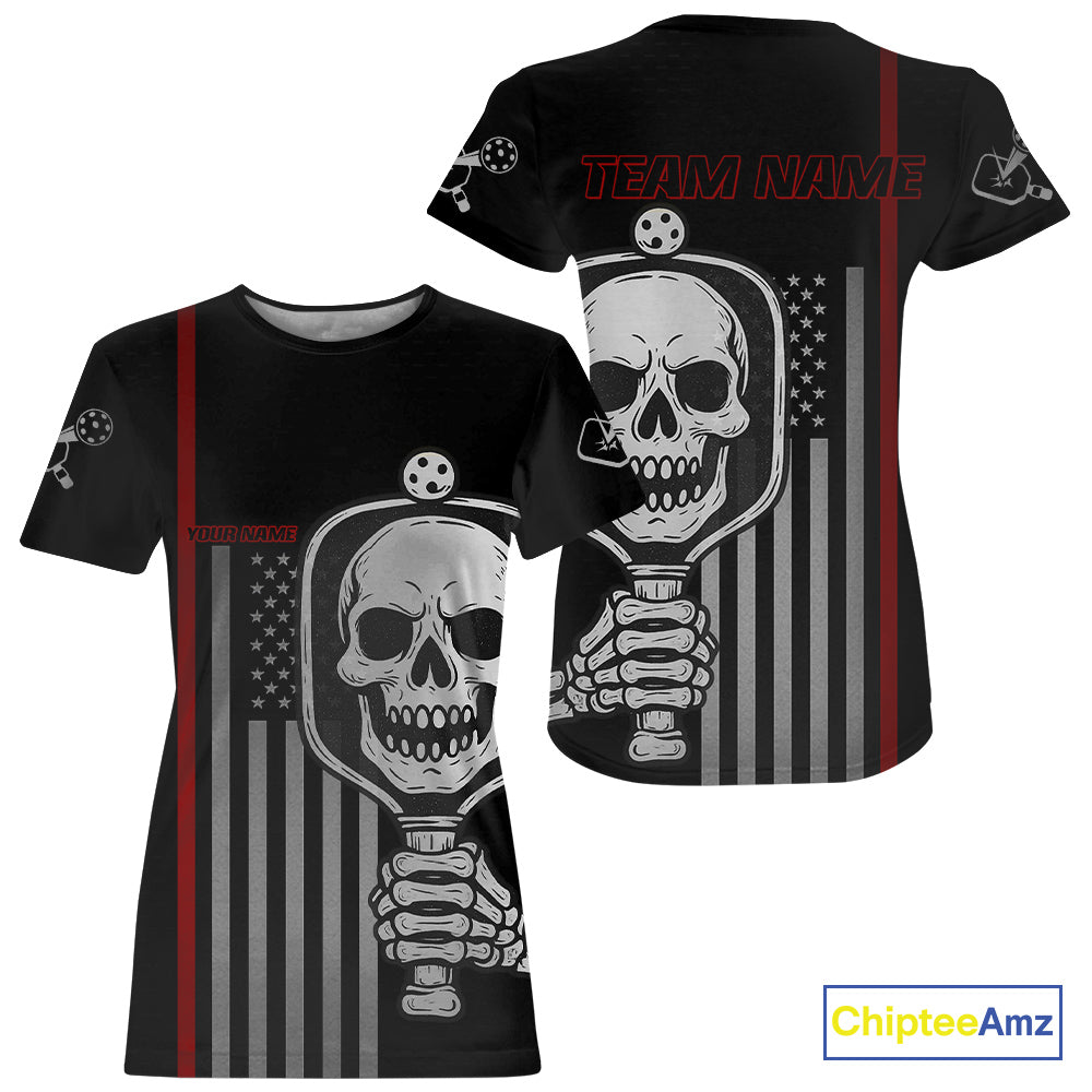 Custom Women's Patriotic Pickleball T-Shirt Personalized Skull Paddle With Pickle Lovers NYN1099