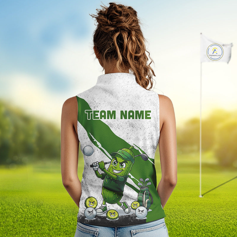 Funny Pickle Womens Golf Sleeveless Polo Shirt Custom Green And White Grunge Clothing Golf Tops NYN3261