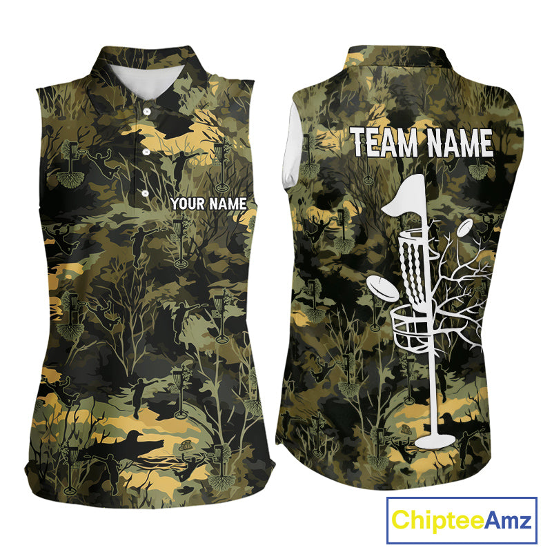 Disc Golf Basket Green Leaf Camo Womens Disc Golf Sleeveless Polo Shirts Custom Disc Golf Jerseys For Women NYN3114