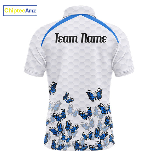 Blue Pattern Butterfly Mens Golf Polo Shirt Custom Name White Ball Golf Clothes Shirts NYN2909