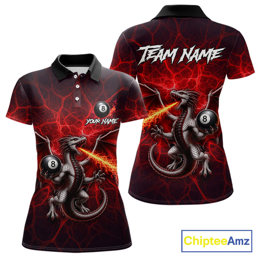 Red flaming dragon 8 ball billiard 1/4-zip shirt for women custom tournament apparel