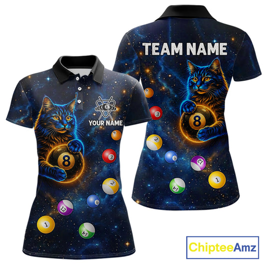 Funny Cat Galaxy Custom 8 Ball Billiard Polo & 1/4-Zip Shirt For Women Blue Billiard Team Jersey NYN3132