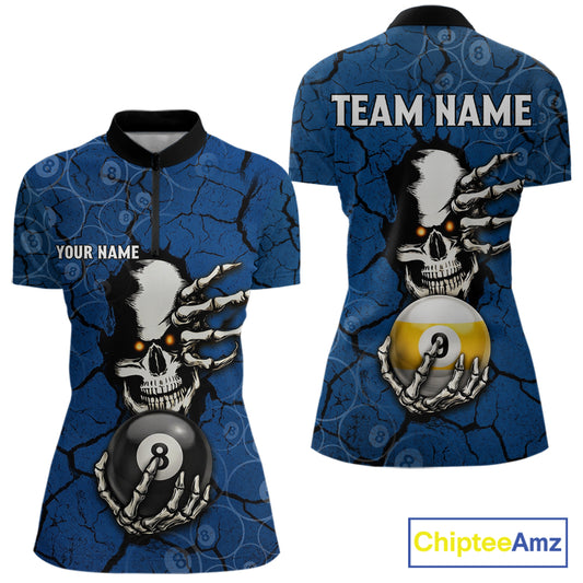Cracked Blue Skeleton 8 Ball & 9 Ball Billiard Shirt For Women Custom Pool Billiard Polo & 1/4 Zip Jersey NYN3144