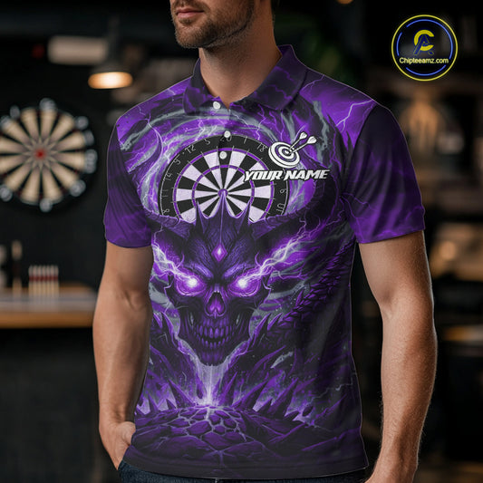 Lightning Purple & Grey Dragon Skull Dartboard Custom Men Darts Polo Shirt, Dart Jerseys NYN1809