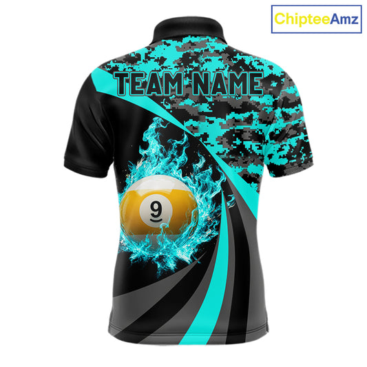Black Teal Camo Flame 8 Ball 9 Ball Pool Shirt For Men Custom Billiard Team Jersey