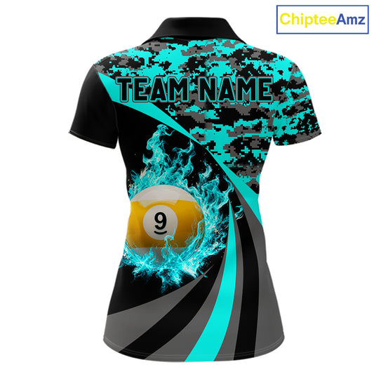 Black Teal Camo Flame 8 Ball 9 Ball Pool Shirt For Women Custom Billiard Team Jersey