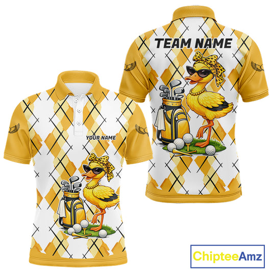 Mens Funny Duck Golfer Polo Golf Shirts Custom White Yellow Argyle Golf Team Attire For Golfers NYN3057