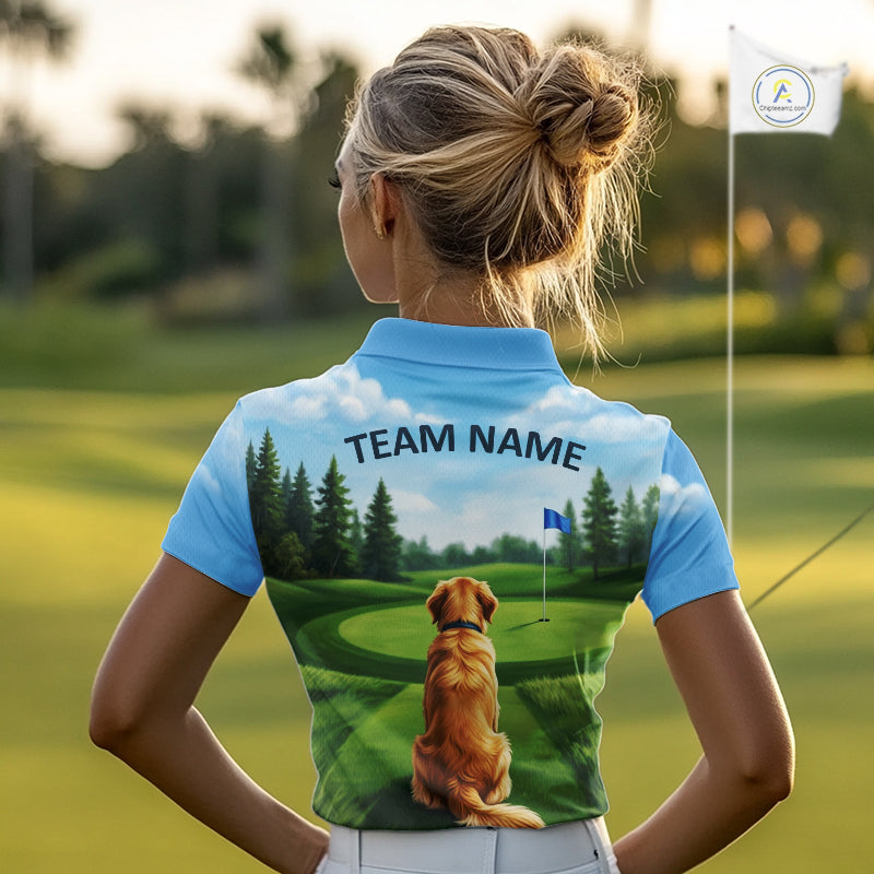 Woman wearing Golden Retriever golf polo shirt on golf course matching couples golf outfit