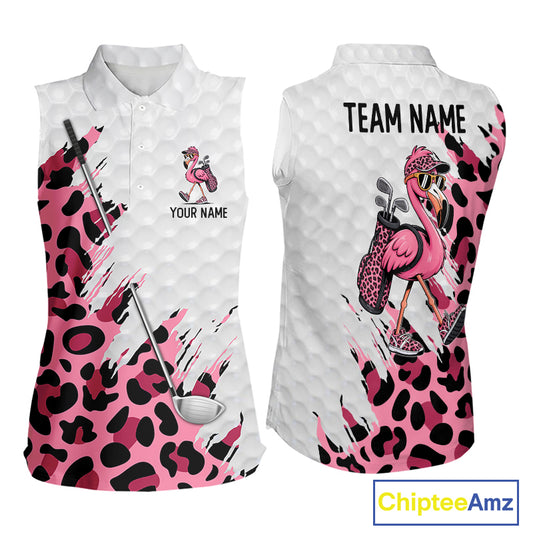 Camouflage Womens Golf Sleeveless Polo Shirt Custom Pink Funny Flamingo Pattern White Golf Team Shirts NYN2835