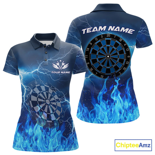 Thunder Blue Flames Dartboard Women's Darts Polo Shirt, Custom Team Jersey, Personalized League Uniform, Blue Fire Dartboard Performance Shirt, Tournament Apparel, Sports Bar League, Gift For Dart Players, Precision, Power & Competitive Spirit