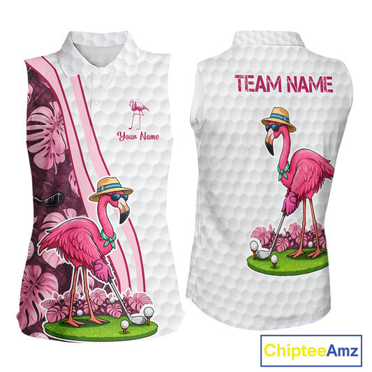 Funny Flamingo Womens Golf Sleeveless Polo Shirt Custom Pink And Purple Monstera Pattern White Golf Shirts NYN2841
