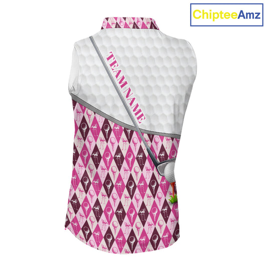 Mens Golf Sleeveless Polo Shirts Custom Pink Argyle And Flamingo Plaid Pattern Golf Attire For Women NYN2843