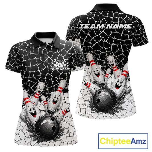 White And Black Cracked Funny Pins & Ball Bowling Shirt For Women Custom Outfit Team Bowling Jersey NYN3238