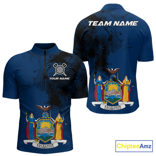 Personalized New York Flag Black Splatter Dart 1/4-Zip Shirts For Men Custom Dart Team Jerseys NYN2715