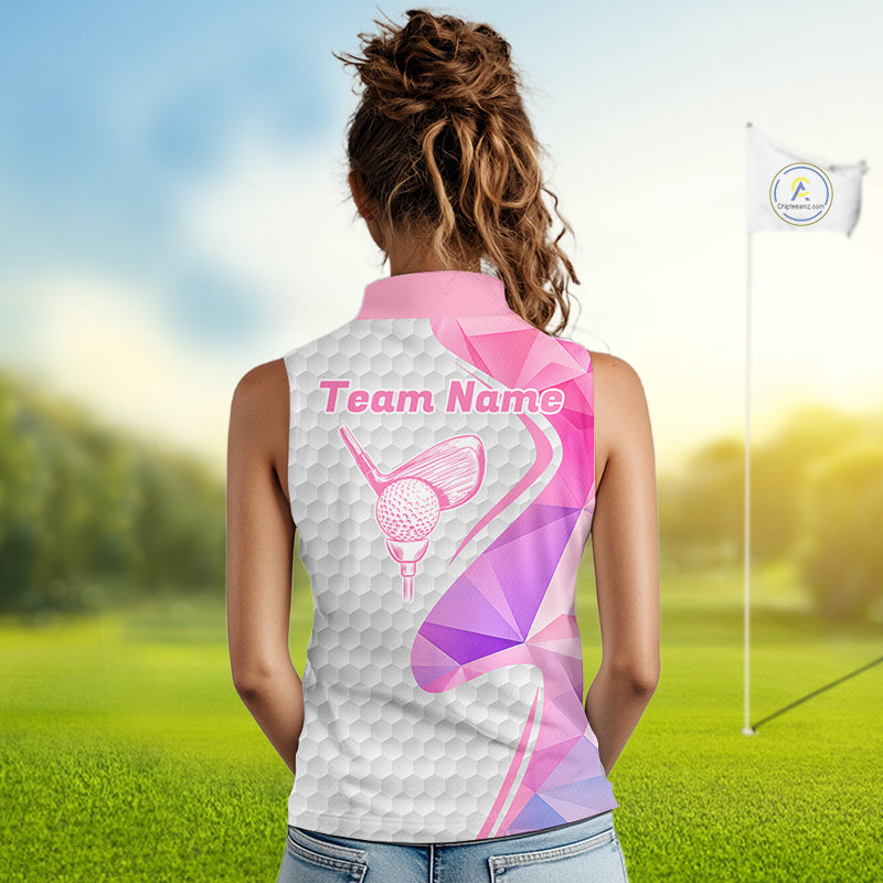 Pink And Purple Diamond Geometric Golf Sleeveless Polo Golf Shirts For Women Custom Golf Team Attire NYN3248