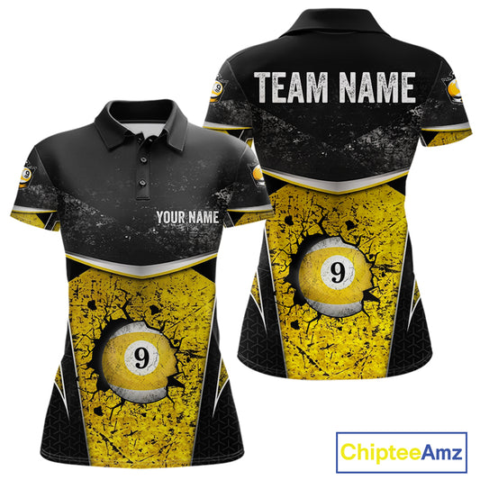 Black And Yellow Grunge Cracked 9 Ball Billiard Pool Shirt For Women Custom 9 Ball Billiard Team Jersey NYN3086