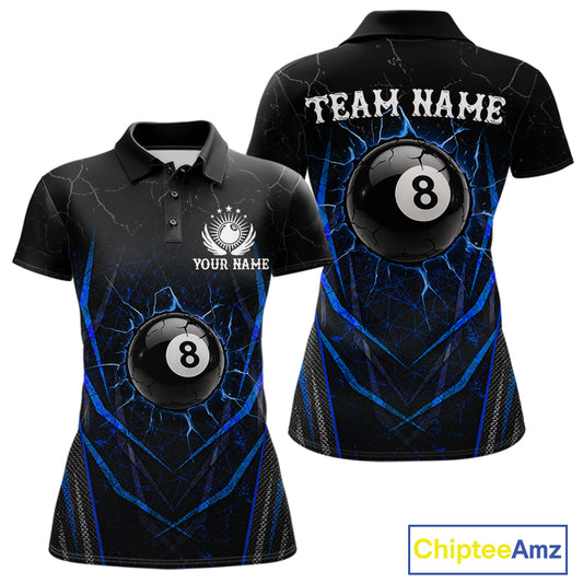 Black and blue broken glass 8 ball billiard polo shirt for women custom team jersey