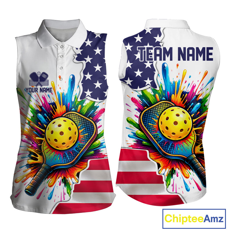 Custom American flag patriotic pickleball sleeveless polo for women colorful splatter pickleball jersey white