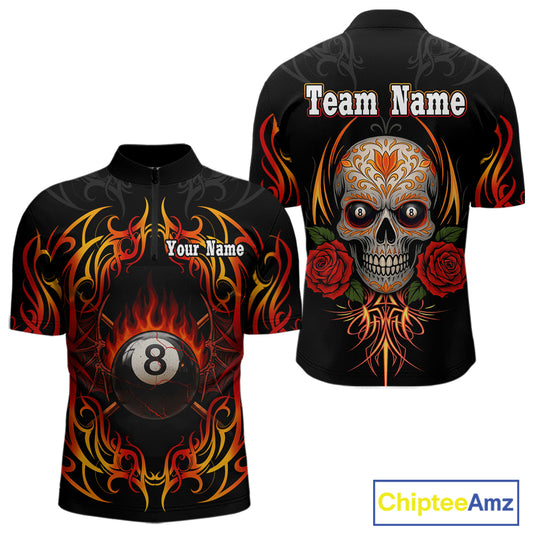 Skull Tribal Ball Pool Men Billiard Polo & 1/4-Zip Shirts Custom Flame 8 Ball Billiard Attire NYN2389