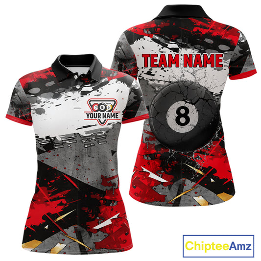 Black, White And Red Grunge Paint Billiard Pool Shirts For Women Custom 8 Ball Billiard Team Attire NYN3019
