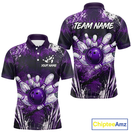 Men's white purple splatter paint bowling ball polo shirt custom bowling jersey mockup