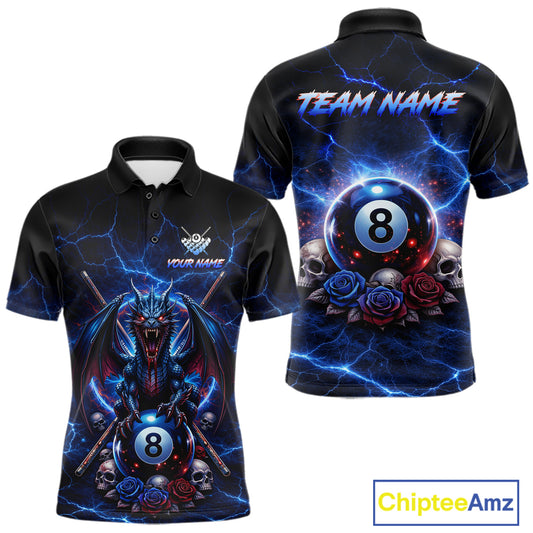Custom Dragon Roses 8 Ball Billiard Pool Shirt For Men Thunder Blue Red Skull Team Billiard Jersey NYN3068