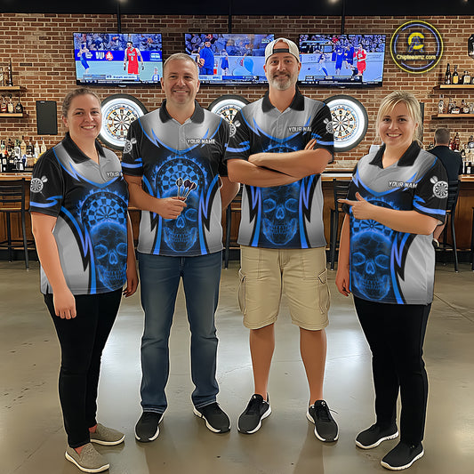 Silver Blue Flaming Skull Dartboard Men Darts Quarter-Zip Shirt Custom Team Dart League Jerseys NYN2072