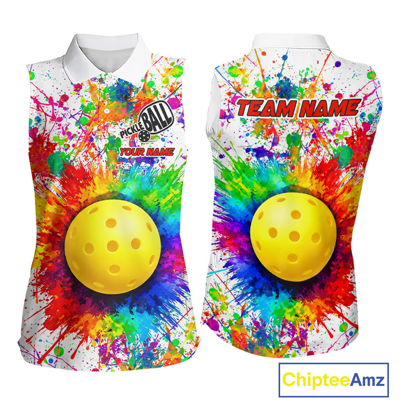 Colorful paint pickleball ball sleeveless polo for women splatter pickleball shirt white