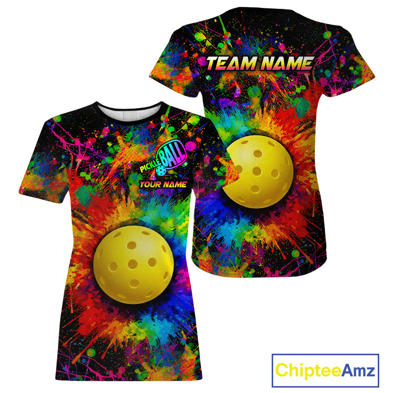 Colorful paint pickleball ball tshirt for women splatter pickleball clothing black