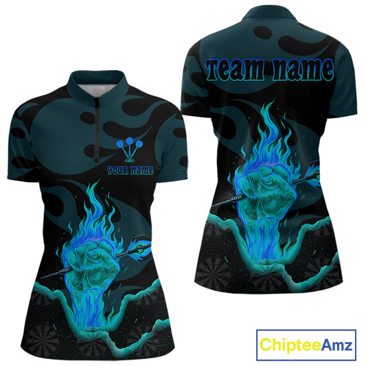 Flaming Hand & Dart Arrow Darts Shirts For Women - Custom Name & Team | Opt3 - Turquoise NYN0641