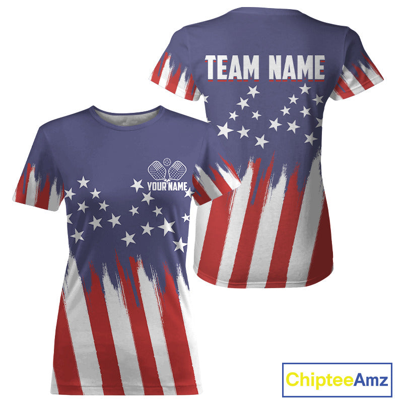 Custom American Flag Patriotic Pickleball T-Shirt For Women Outfit Pickleball Team Jerseys NYN1296