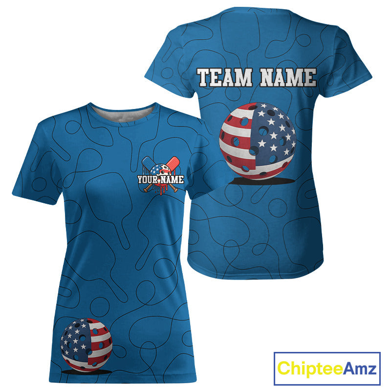 Custom Blue Patriotic Pickleball T-Shirt For Women Outfits US Flag Pickleball Jersey NYN0917